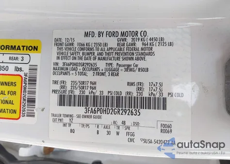 2016 Ford Fusion Se from USA, damaged, VIN 3FA6P0HD2GR292635